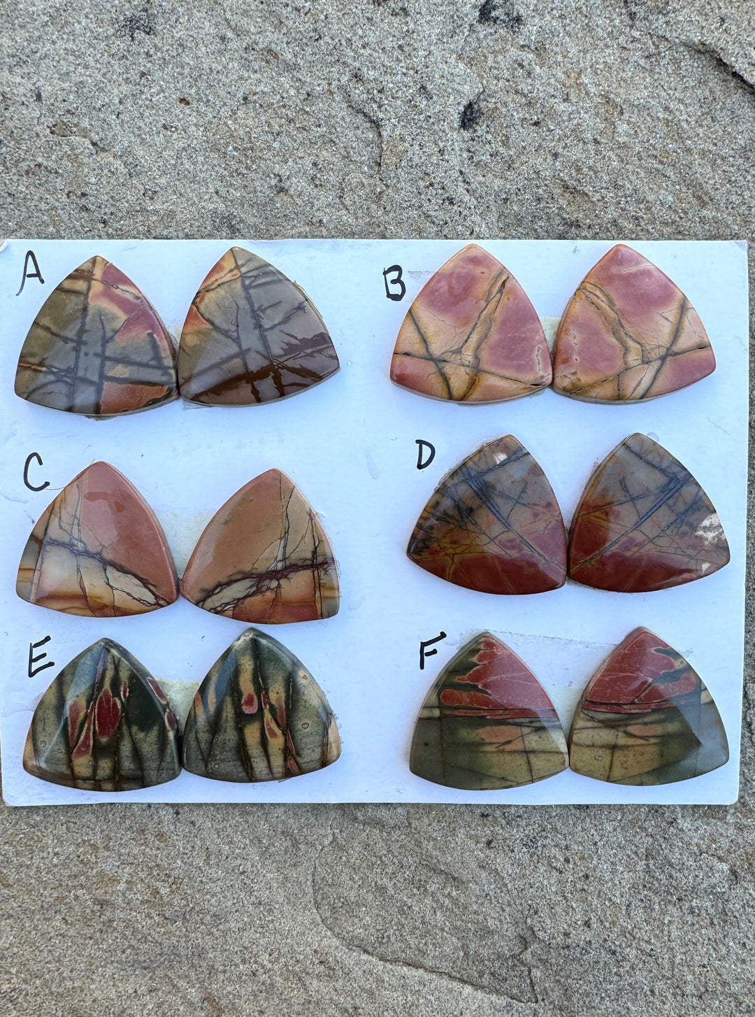 Red Creek Jasper Matching Trillion Shaped Cabochon Pairs