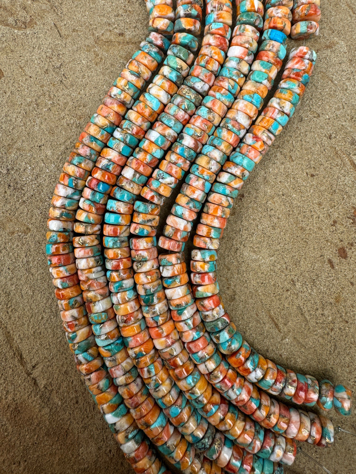 Spiny Oyster, Turquoise, and Bronze 8mm Button Beads, 8 inch Strand
