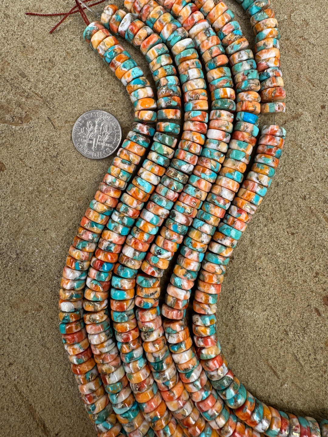 Spiny Oyster, Turquoise, and Bronze 8mm Button Beads, 8 inch Strand