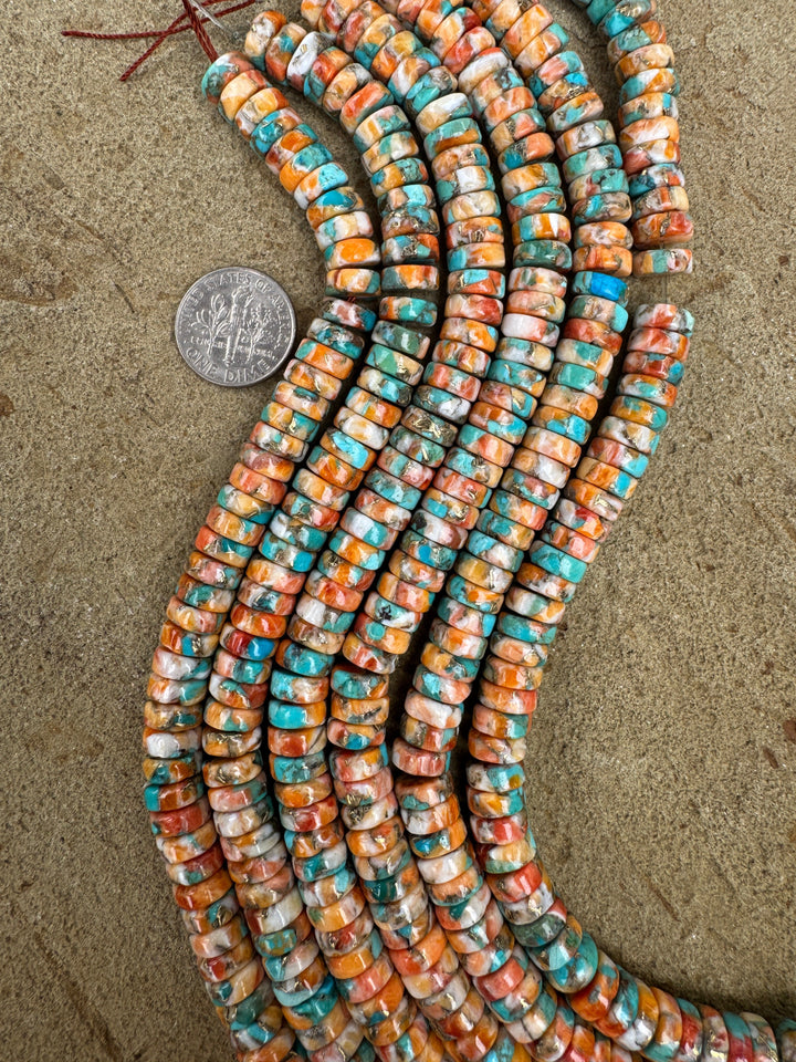Spiny Oyster, Turquoise, and Bronze 8mm Button Beads, 8 inch Strand