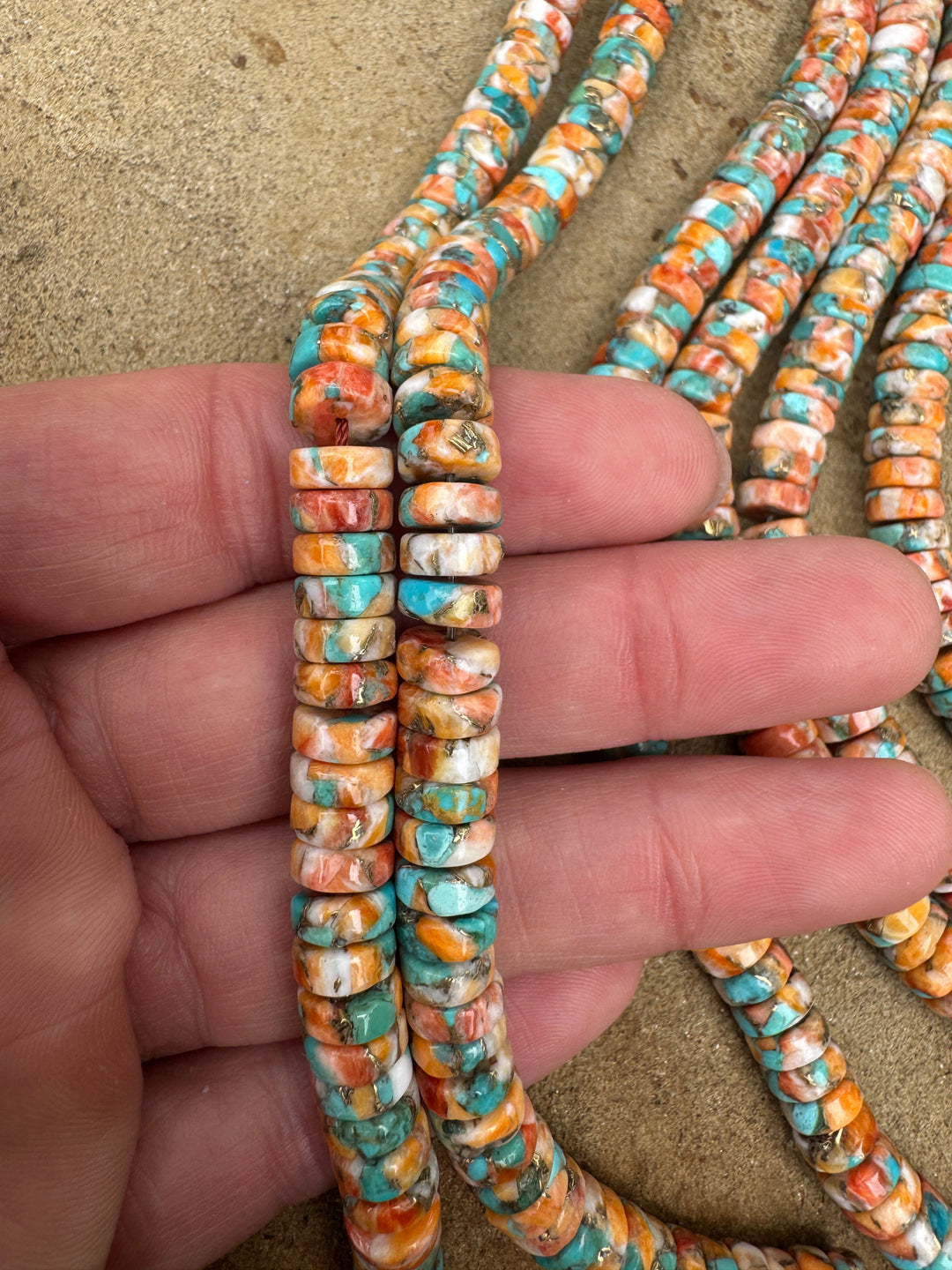 Spiny Oyster, Turquoise, and Bronze 8mm Button Beads, 8 inch Strand