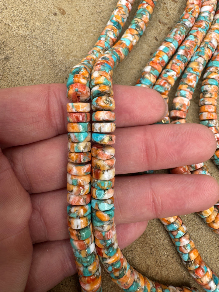 Spiny Oyster, Turquoise, and Bronze 8mm Button Beads, 8 inch Strand