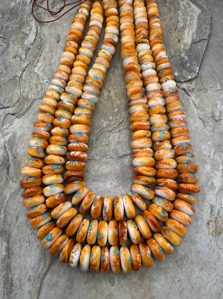 Orange Spiny Oyster with Turquoise Inlay BIG Graduated 6-12mm Rondelle Beads, 16 inch Strand