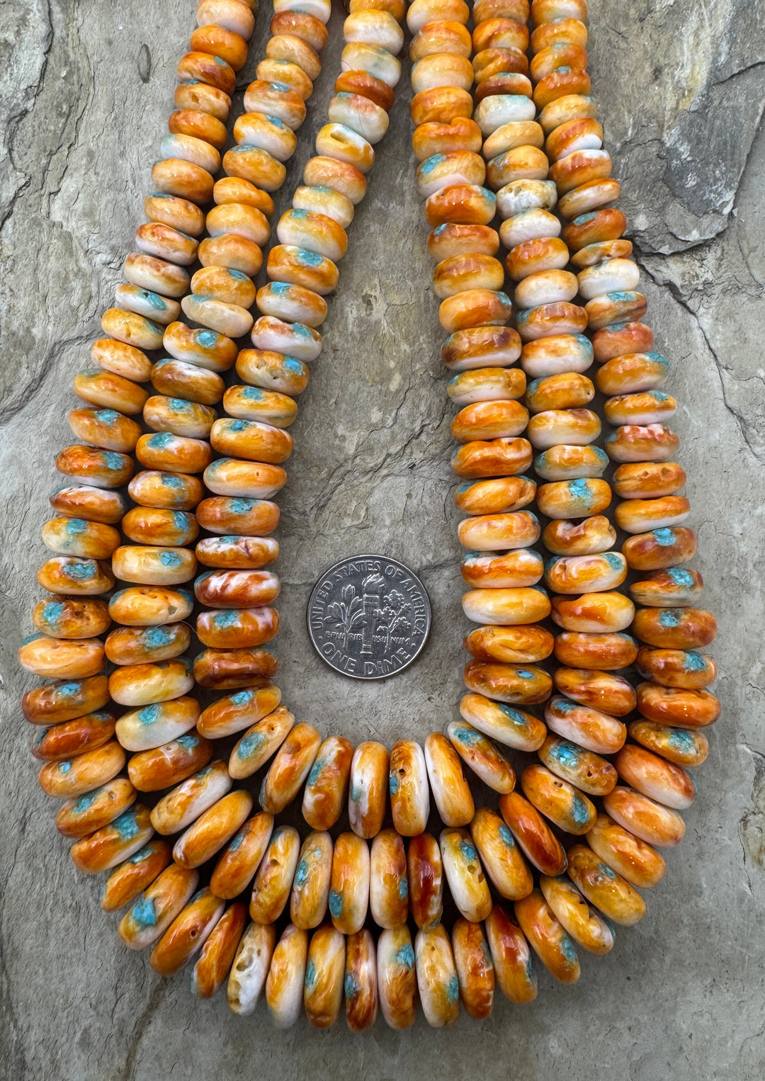 Orange Spiny Oyster with Turquoise Inlay BIG Graduated 6-12mm Rondelle Beads, 16 inch Strand