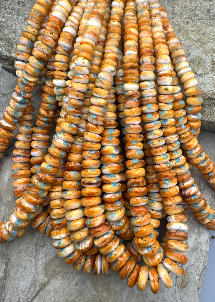 Orange Spiny Oyster with Turquoise Inlay BIG Graduated 6-12mm Rondelle Beads, 16 inch Strand