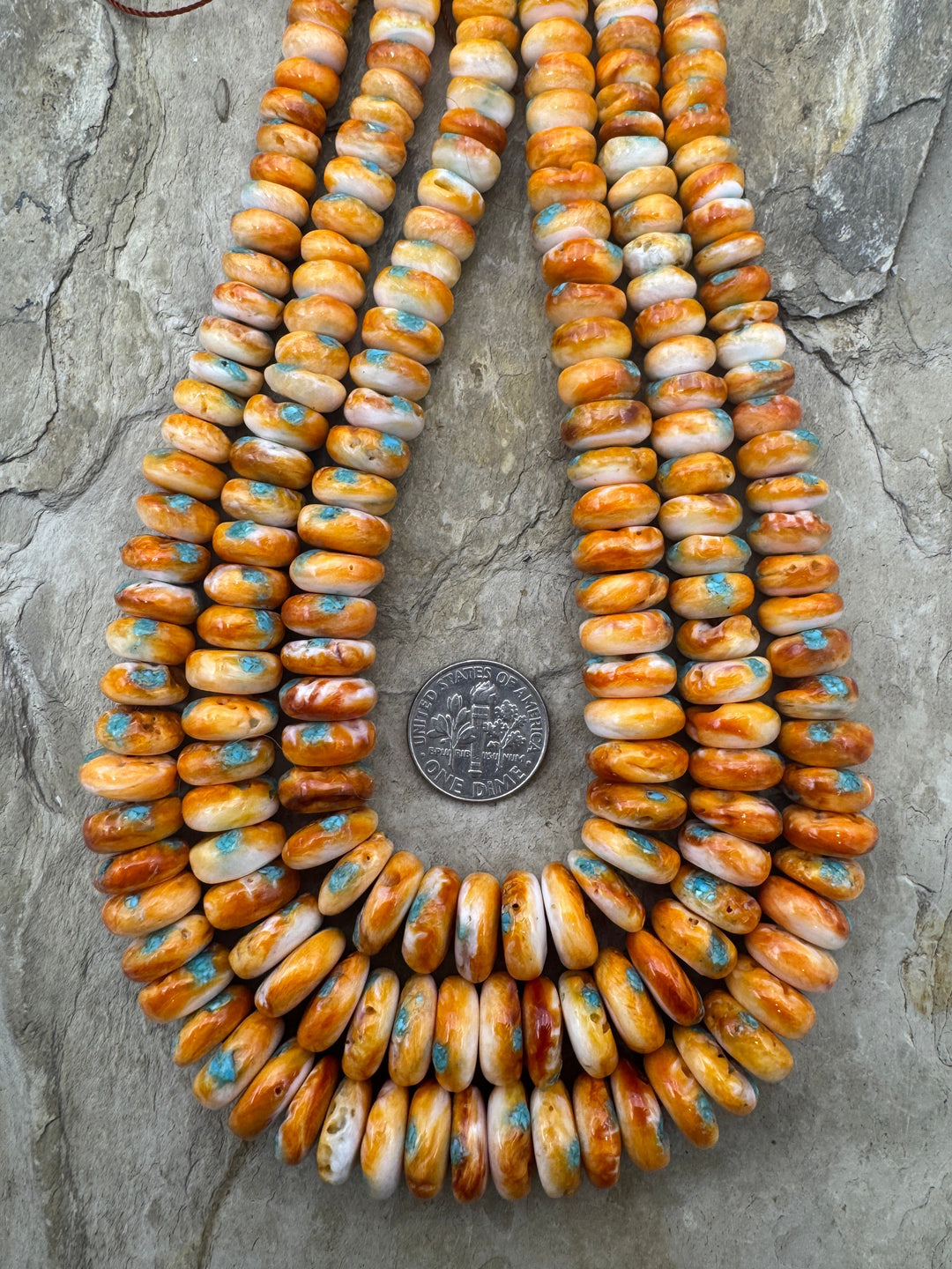Orange Spiny Oyster with Turquoise Inlay BIG Graduated 6-12mm Rondelle Beads, 16 inch Strand