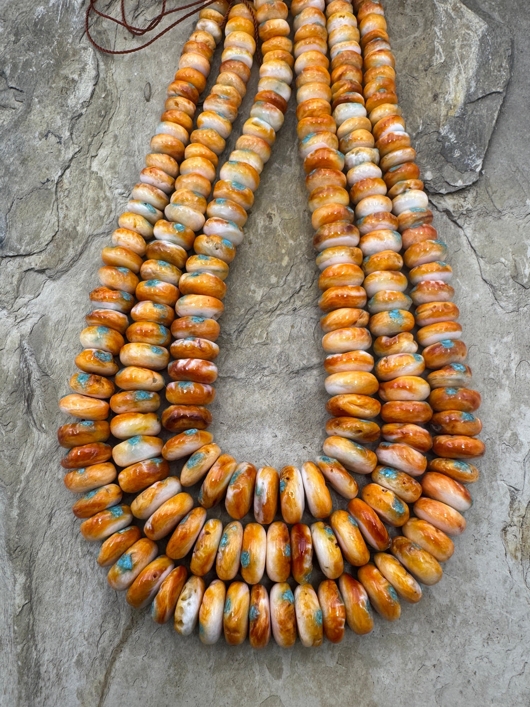 Orange Spiny Oyster with Turquoise Inlay BIG Graduated 6-12mm Rondelle Beads, 16 inch Strand
