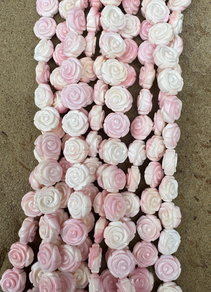 Pink Queen Conch Shell 12mm Carved Rose Bead Strand (16 inch Strand)
