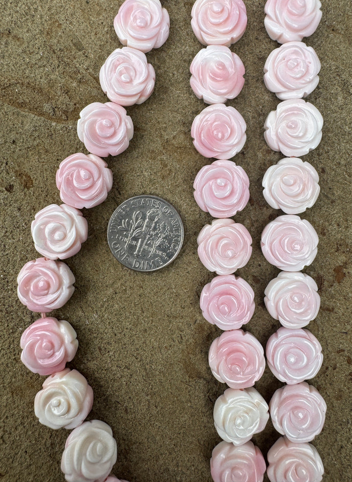 Pink Queen Conch Shell 12mm Carved Rose Bead Strand (16 inch Strand)