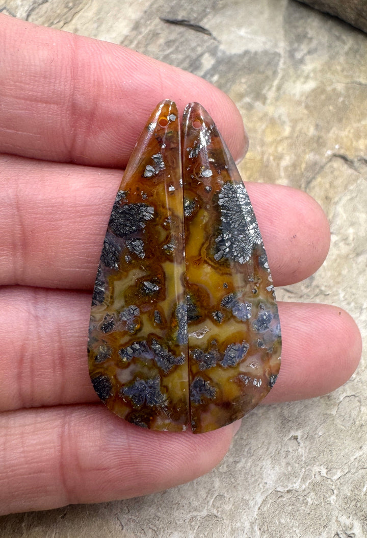 Red/Yellow Macasite Pyrite Matching Earring Slab Bead Pair, 12x42mm