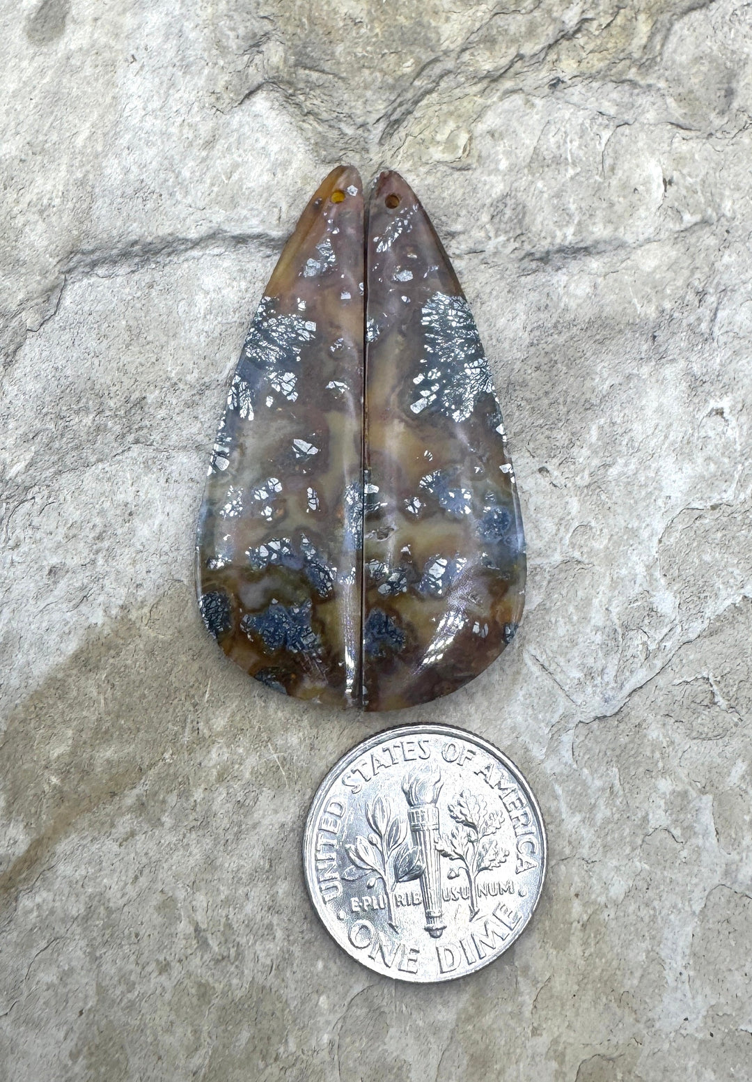 Red/Yellow Macasite Pyrite Matching Earring Slab Bead Pair, 12x42mm