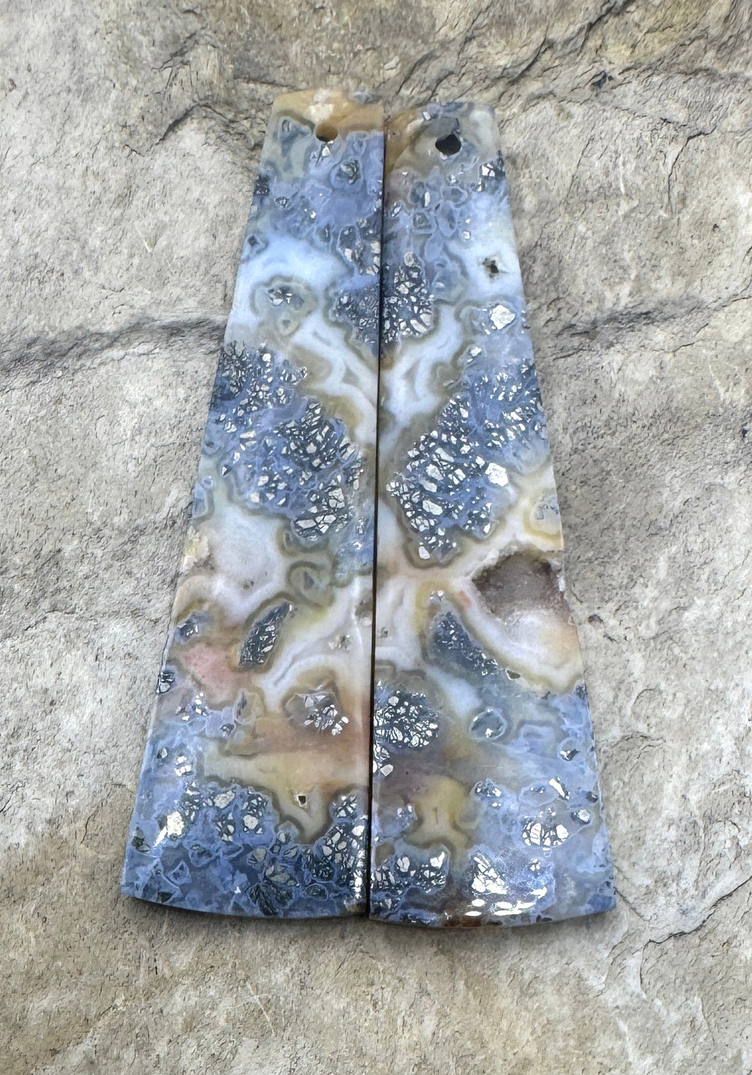 Macasite Pyrite with Druzy Poket LONG Matching Earring Slab Bead Pair, 14x48mm