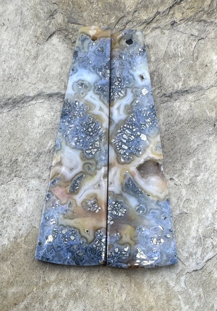 Macasite Pyrite with Druzy Poket LONG Matching Earring Slab Bead Pair, 14x48mm