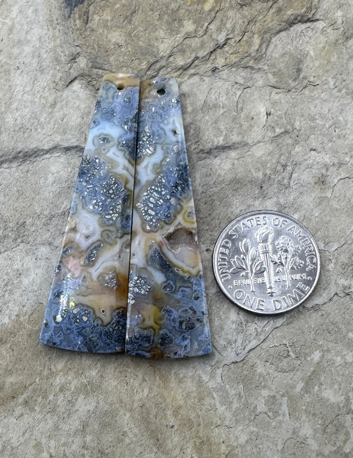 Macasite Pyrite with Druzy Poket LONG Matching Earring Slab Bead Pair, 14x48mm