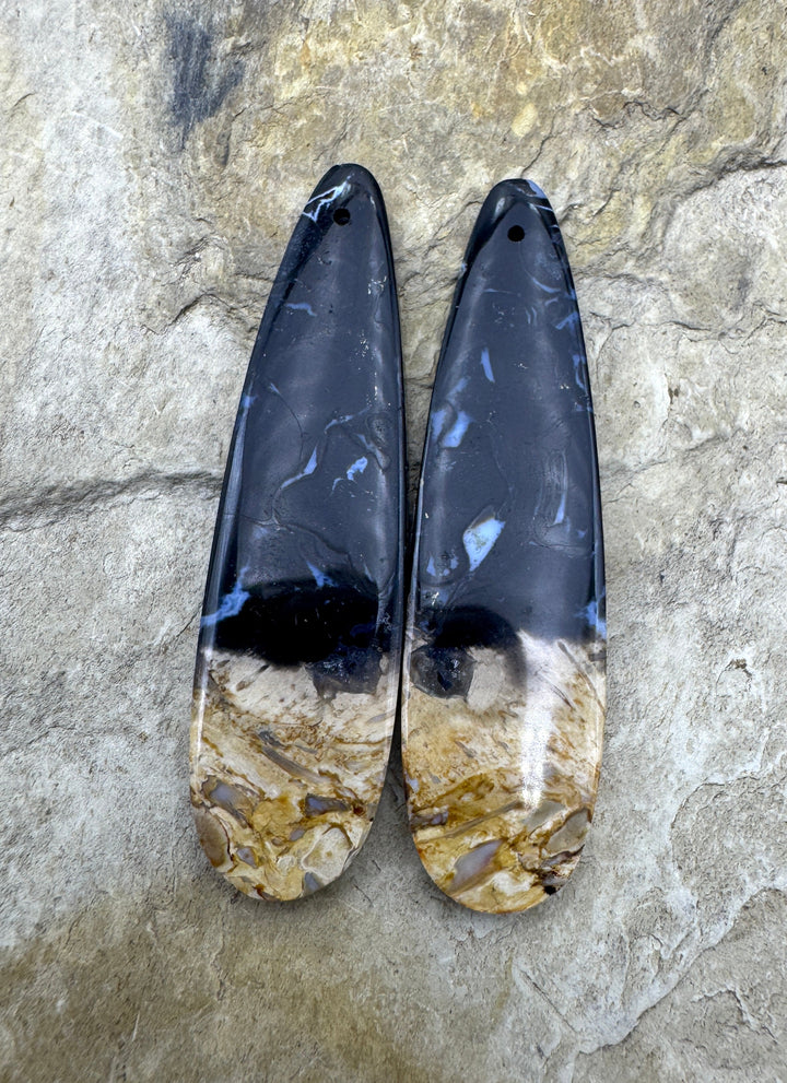 Petrified Palm Root Matchimg Earring Slab Bead Pair 13x50mm
