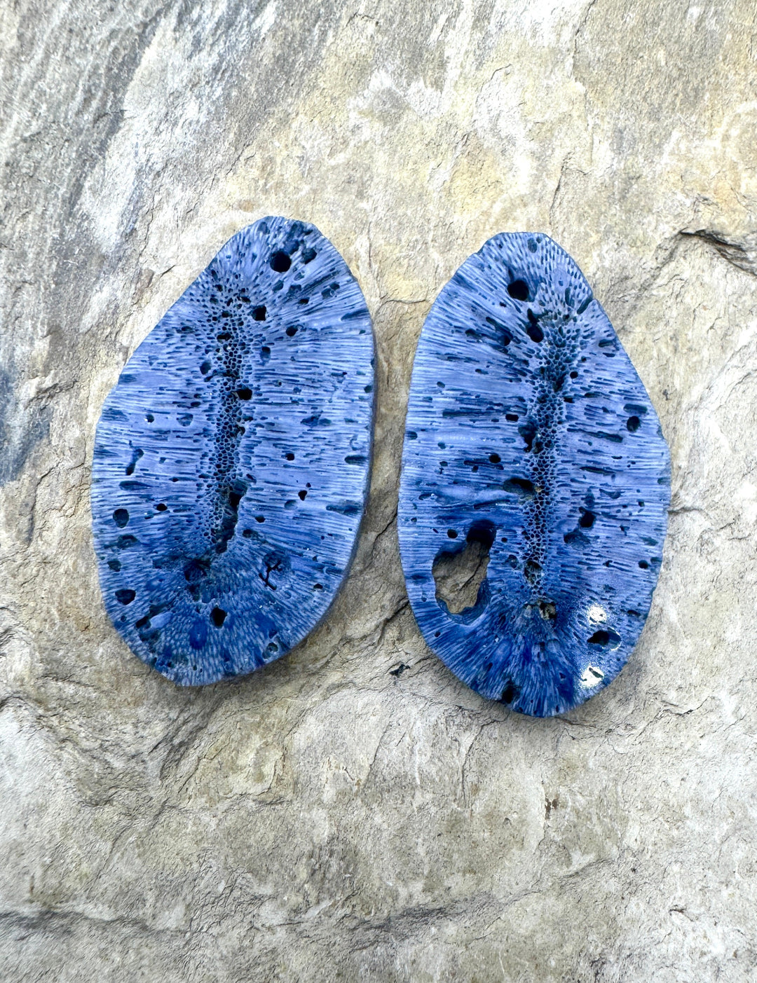 Natural Blue Sponge Coral Matching Earing Slab Bead Pair 16x30mm