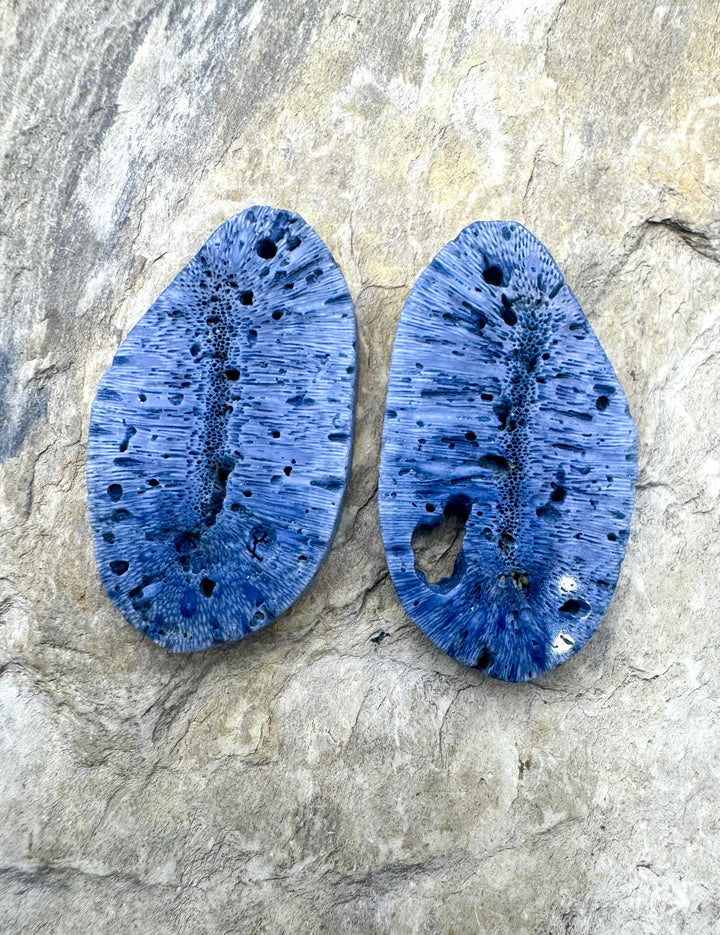 Natural Blue Sponge Coral Matching Earing Slab Bead Pair 16x30mm