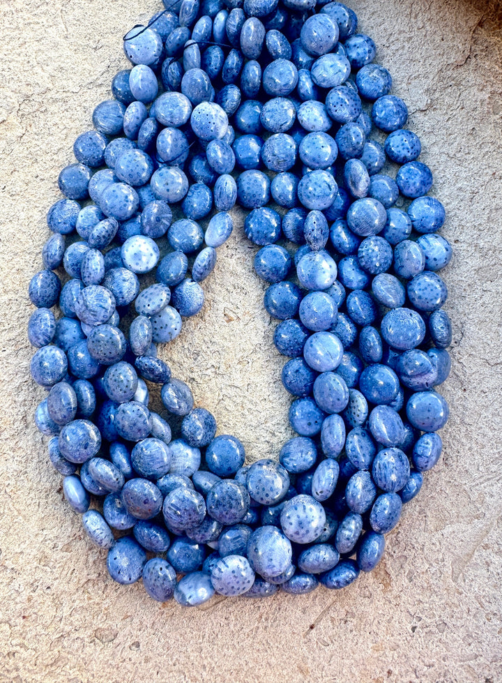 Natural Blue Sponge Coral 12mm Puffed Coin Beads, 16 inch Strands