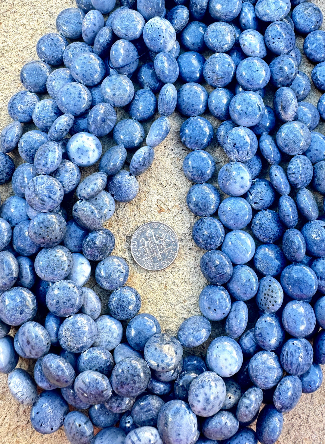 Natural Blue Sponge Coral 12mm Puffed Coin Beads, 16 inch Strands