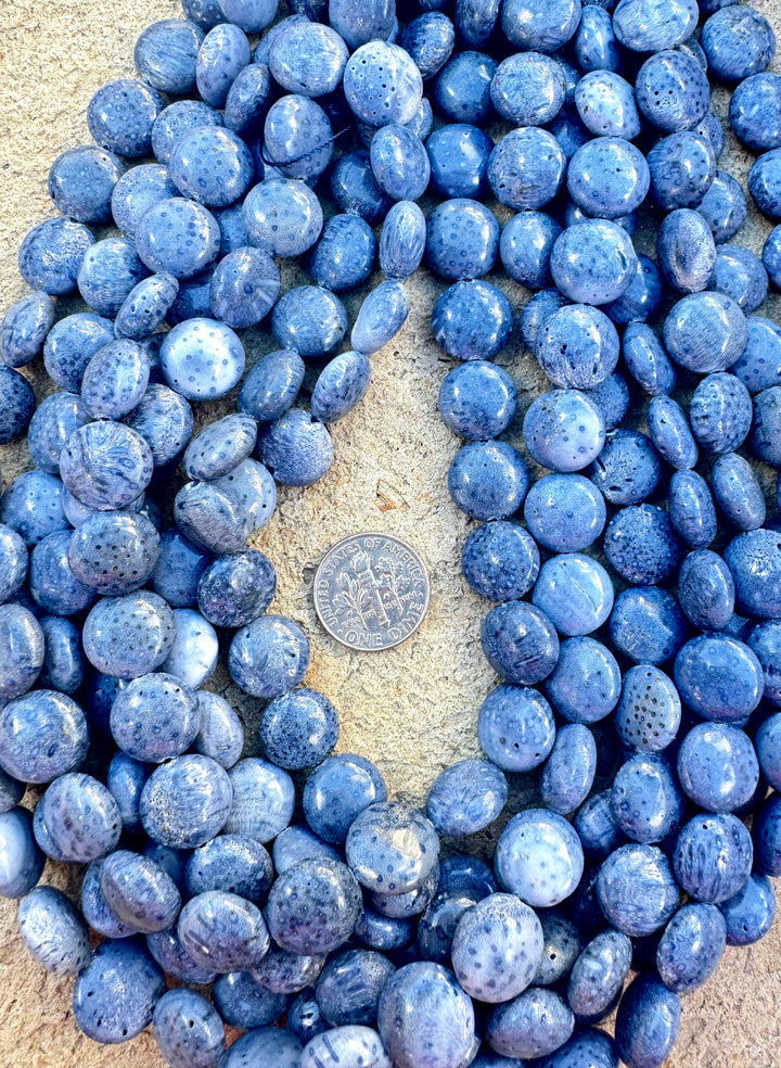 Natural Blue Sponge Coral 12mm Puffed Coin Beads, 16 inch Strands