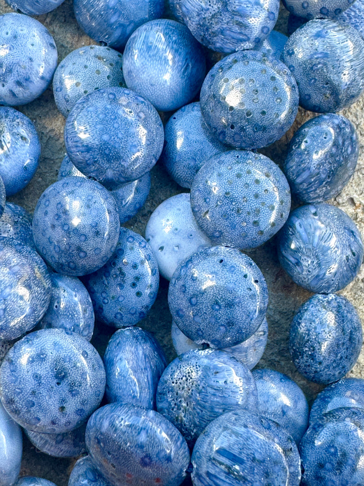 Natural Blue Sponge Coral 12mm Puffed Coin Beads, 16 inch Strands