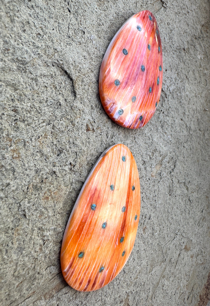Orange Spiny Oyster with Turquoise Inlay BIG 42x60mm Focal Bead Pendant (side Drilled), One Pendant