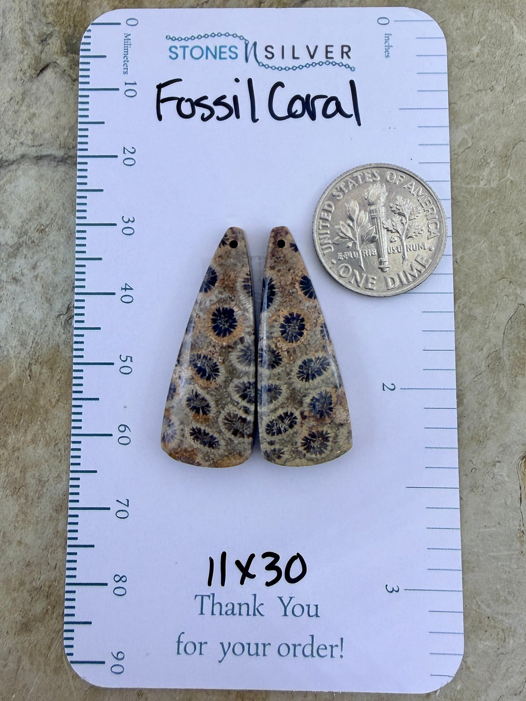 AAA+ Fossil Coral Matching Earring Slab Bead Pair 11x30mm