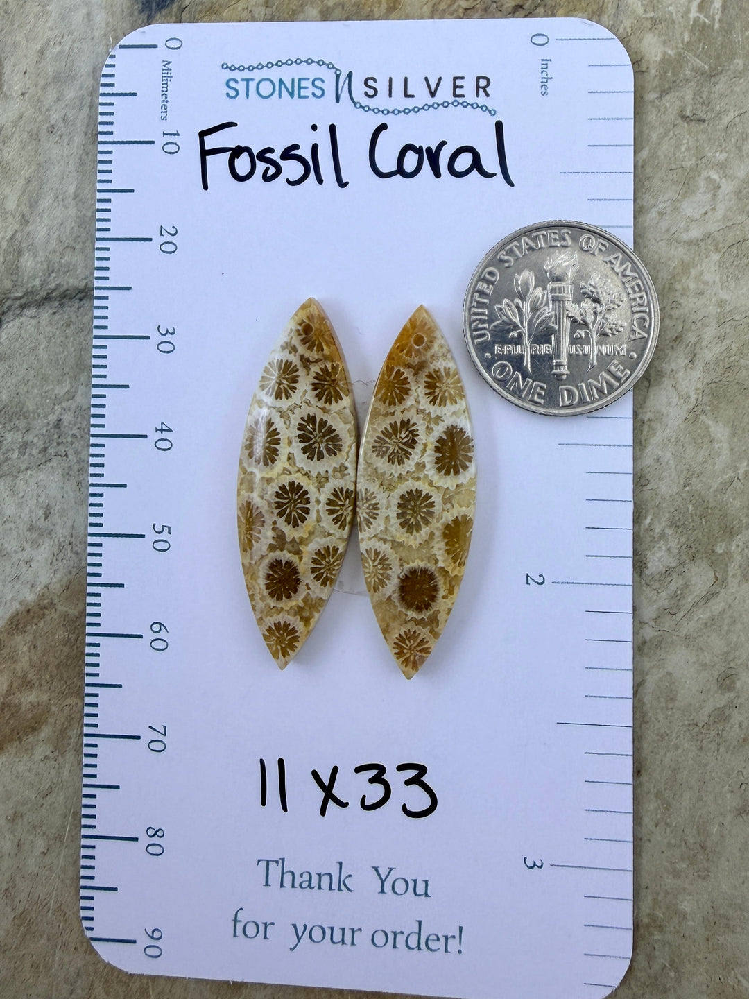 AAA+ Fossil Coral Matching Earring Slab Bead Pair 11x33mm
