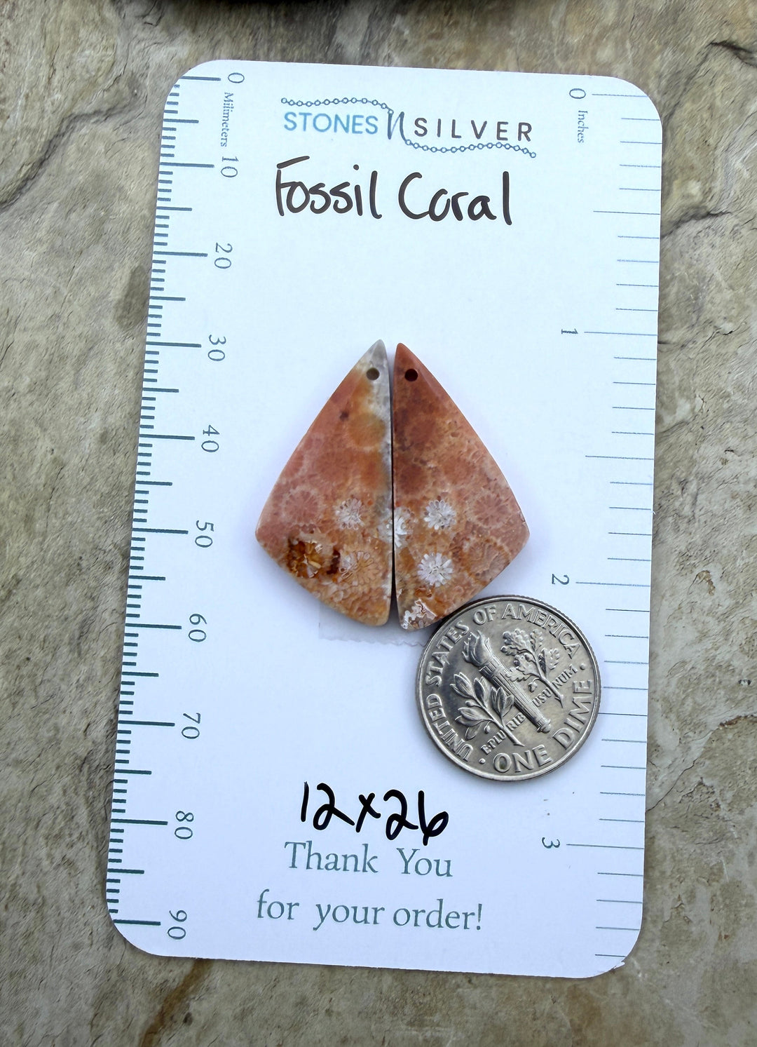 AAA+ Fossil Coral Matching Earring Slab Bead Pair 12x26mm