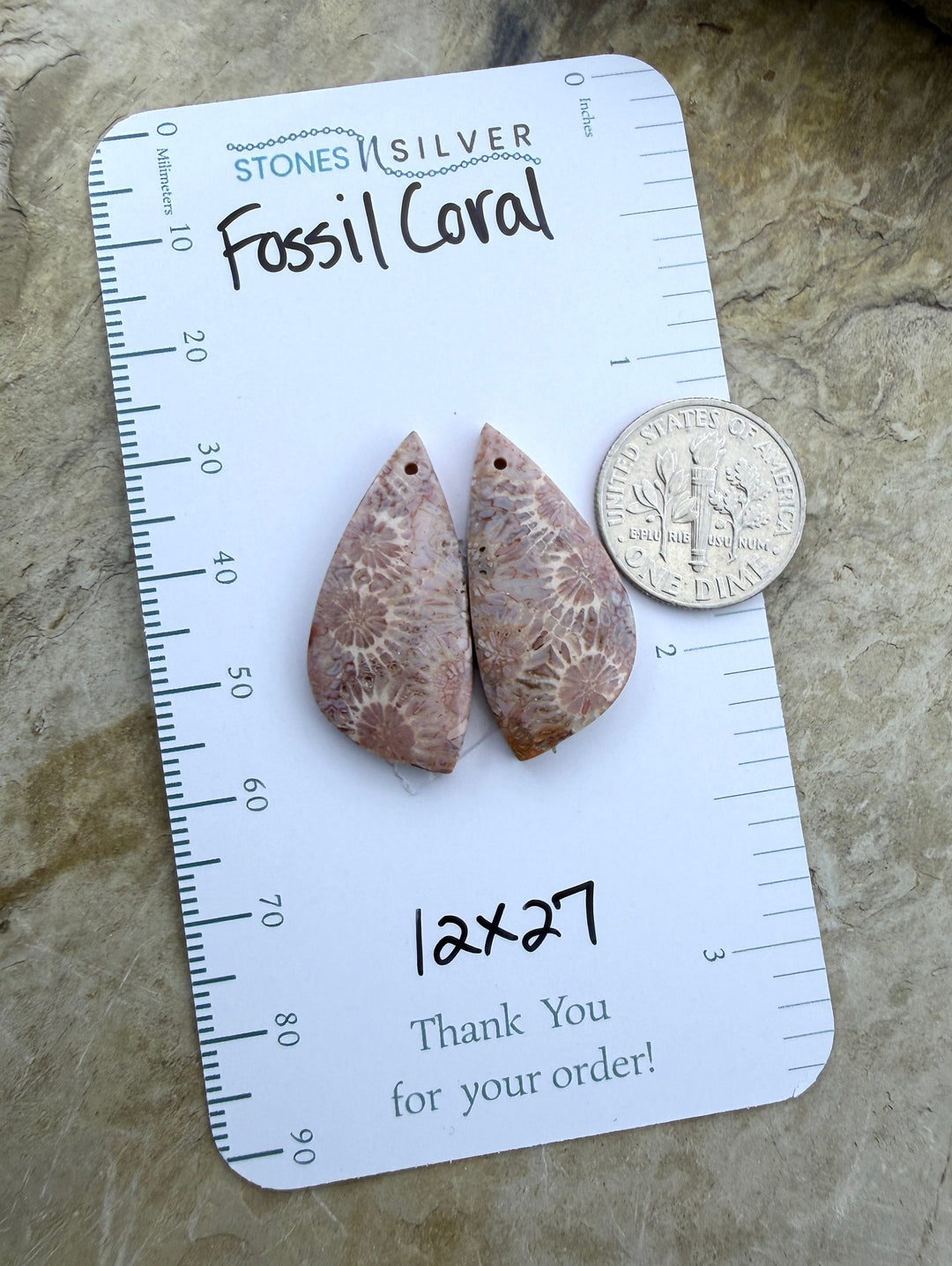 AAA+ Fossil Coral Matching Earring Slab Bead Pair 12x27mm