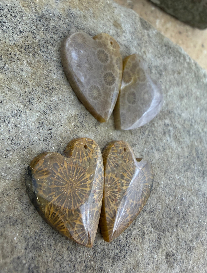 AAA+ Fossil Coral Matching Heart Shaped Earring Slab Bead