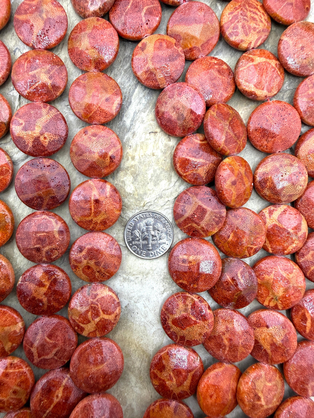 Apple Coral 18mm Faceted Coin Beads 16 Inch Strand/22 Beads