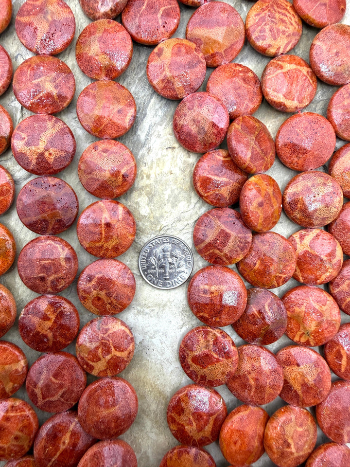 Apple Coral 18mm Faceted Coin Beads 16 Inch Strand/22 Beads