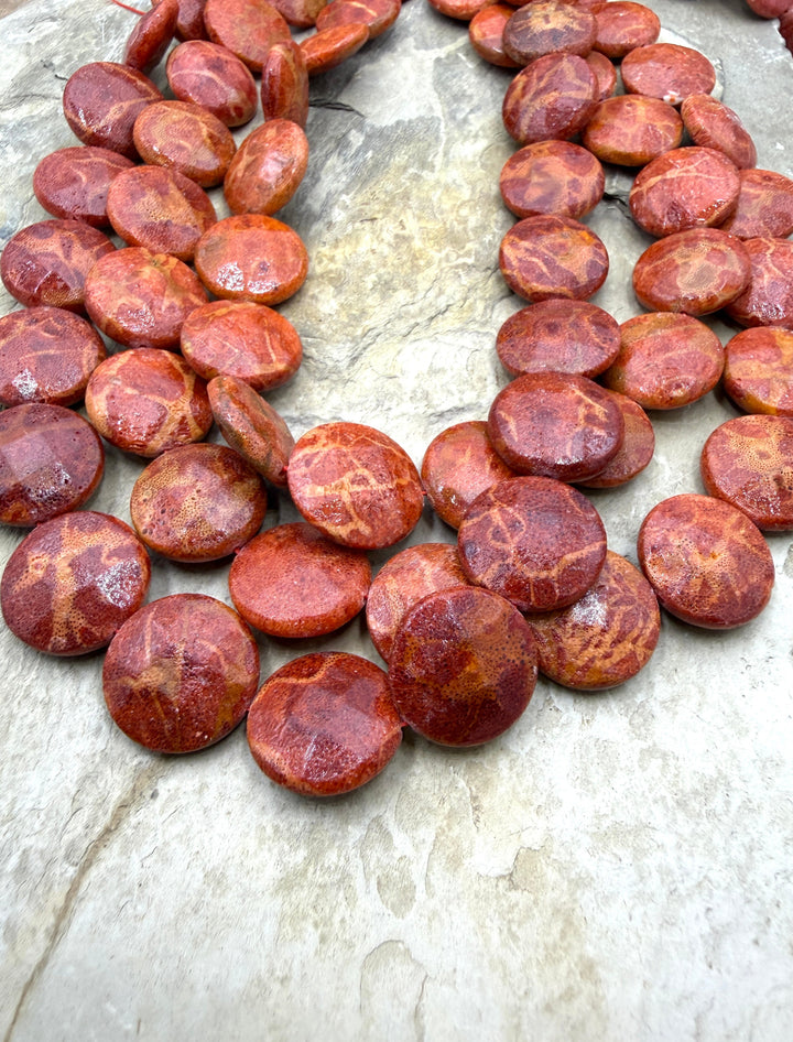 Apple Coral 18mm Faceted Coin Beads 16 Inch Strand/22 Beads