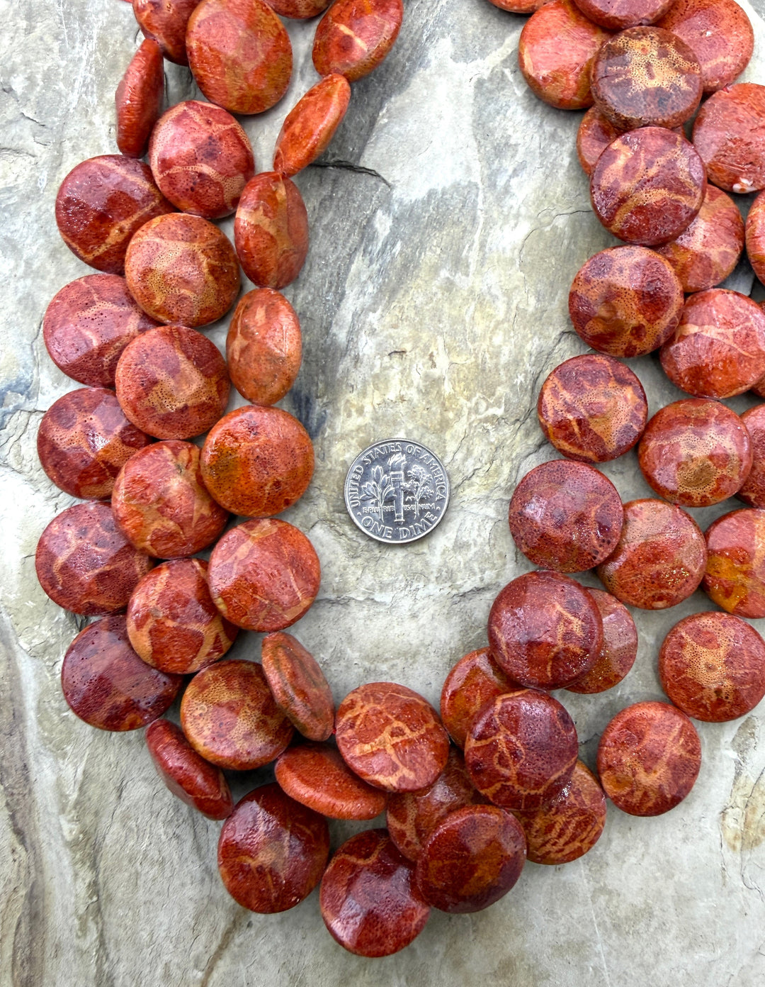 Apple Coral 18mm Faceted Coin Beads 16 Inch Strand/22 Beads