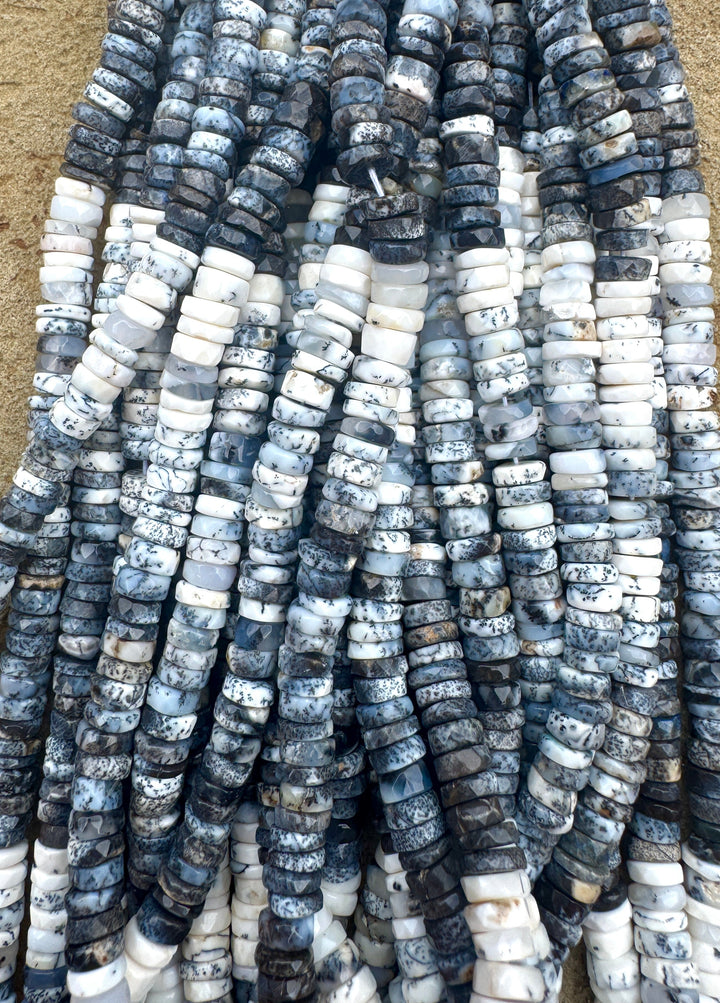 Black and White Dendritic Opal 6mm Faceted Button Beads