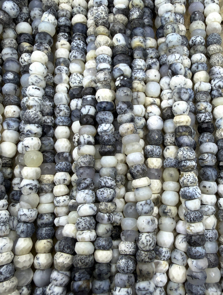 Black and White Dendritic Opal 6mm Faceted Rondelle Beads