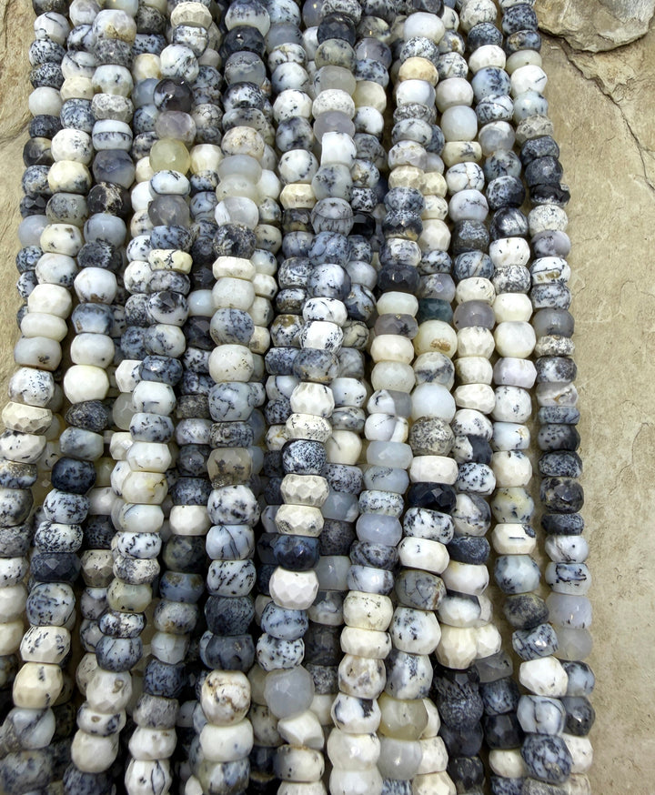 Black and White Dendritic Opal 6mm Faceted Rondelle Beads