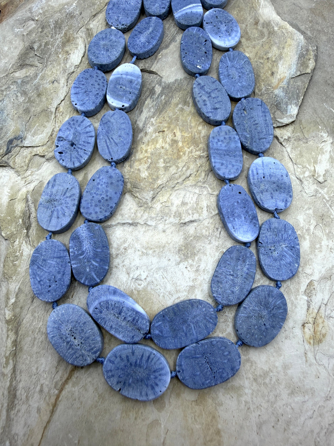 Blue Sponge Coral Flat Oval Bead Strand 16x25mm 16.5 Inch