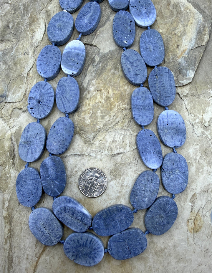 Blue Sponge Coral Flat Oval Bead Strand 16x25mm 16.5 Inch