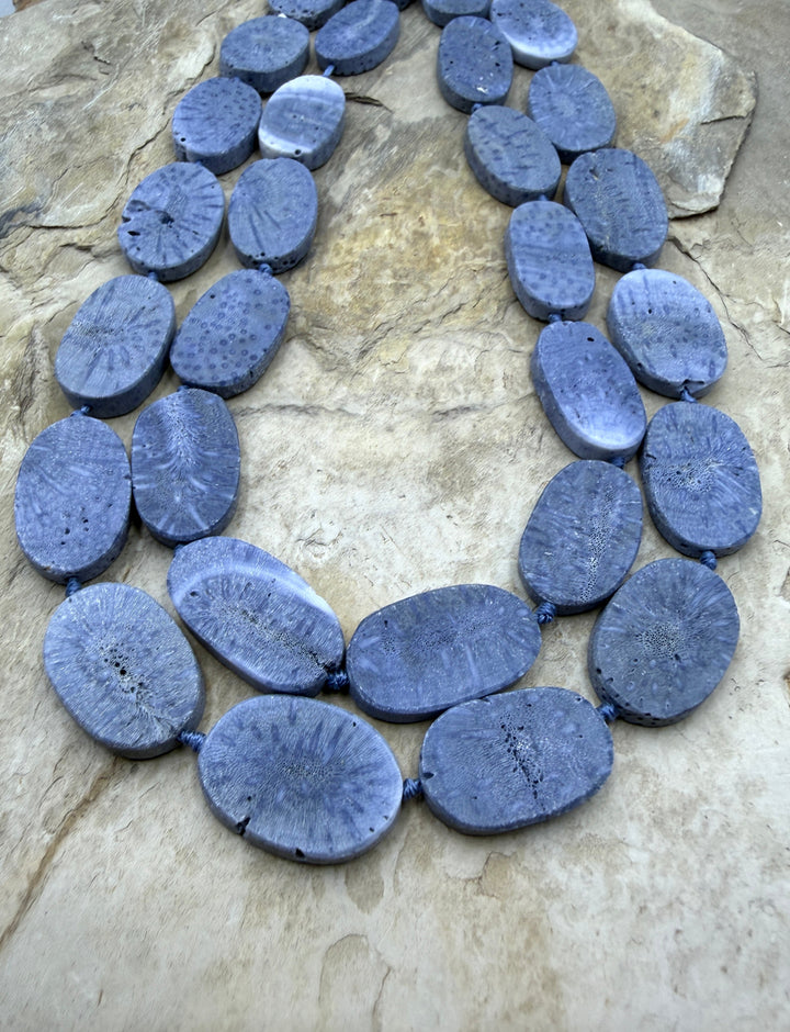 Blue Sponge Coral Flat Oval Bead Strand 16x25mm 16.5 Inch