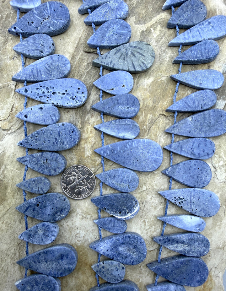 Blue Sponge Coral Teardrop Beads 7x22-16x30mm 14 Inch