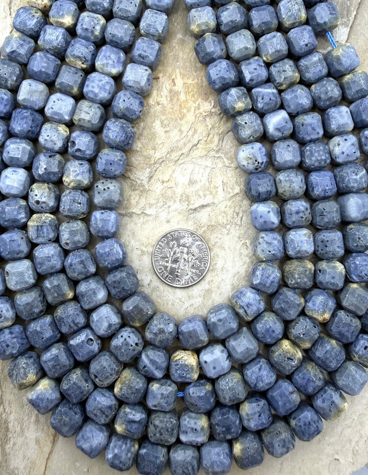Blue Sponge Faceted Cube Beads 8mm 1.5 Inch Strand/44-46