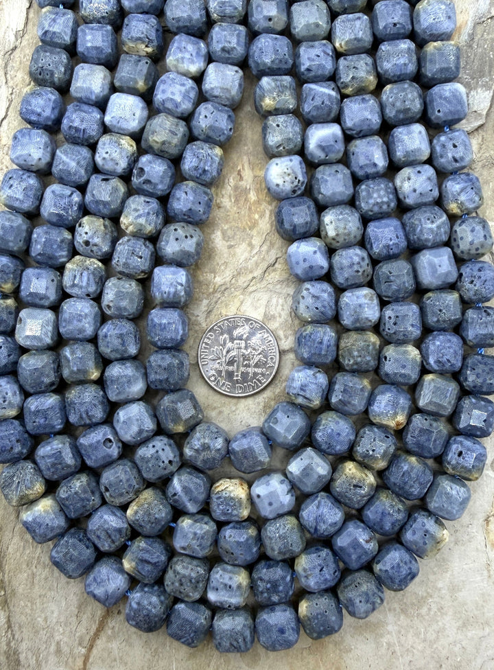 Blue Sponge Faceted Cube Beads 8mm 1.5 Inch Strand/44-46