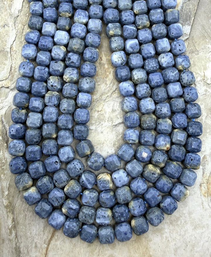 Blue Sponge Faceted Cube Beads 8mm 1.5 Inch Strand/44-46