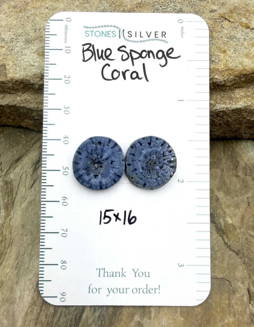 Blue Sponge Matching Earring Slab Bead Pair 15x16mm - Coral