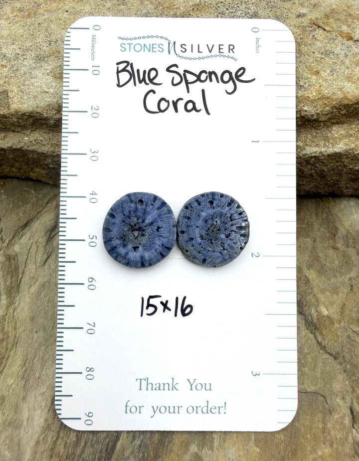 Blue Sponge Matching Earring Slab Bead Pair 15x16mm - Coral
