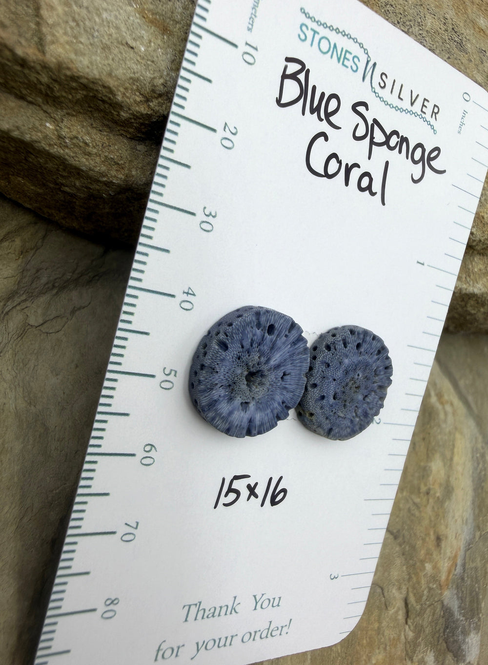 Blue Sponge Matching Earring Slab Bead Pair 15x16mm - Coral