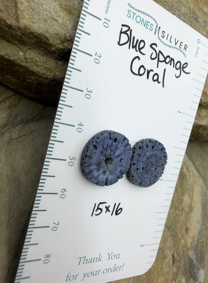 Blue Sponge Matching Earring Slab Bead Pair 15x16mm - Coral