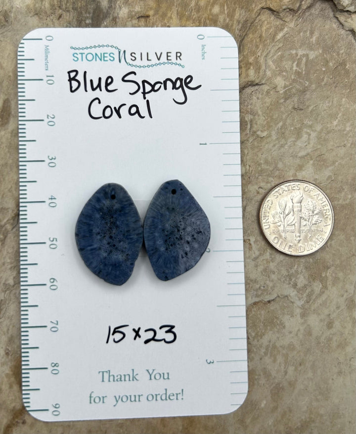 Blue Sponge Matching Earring Slab Bead Pair 15x23mm - Coral